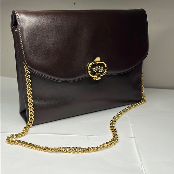 Gucci Vintage 1970’s Smooth Brown Leather Chain Shoulder Clutch Bag - Picture 1 of 14